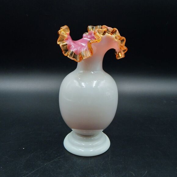 Milk Glass Vase Ruffled Top Pink Cased Gold Crest 7 Inch Stevens & Williams? - Picture 1 of 8